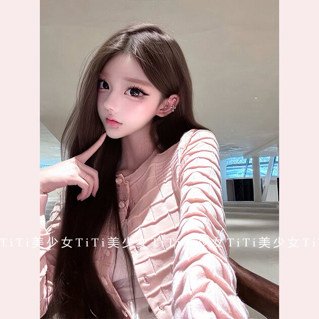 【TiTi美少女】立体方形纹理肌理感圆领针织开衫秋季软糯上衣外套