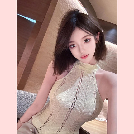 【TiTi美少女】纯欲性感挂脖针织吊带小背心显瘦镂空无袖短款上衣