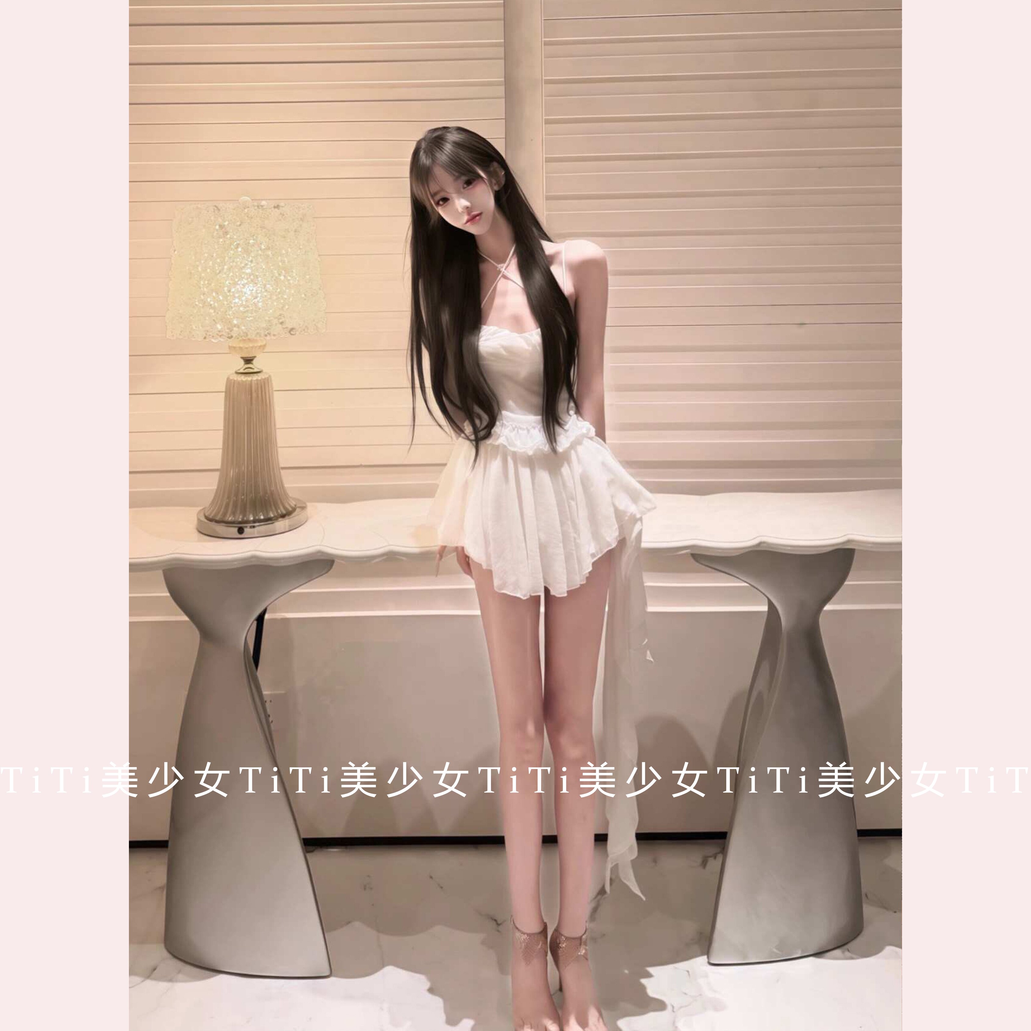 【TiTi美少女】纯欲风不规则交叉挂脖芭蕾舞风上衣连衣裙修身短裙