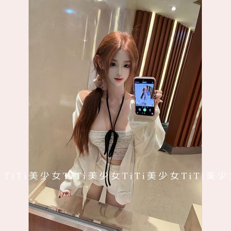 【TiTi美少女】纯欲镂空蕾丝蝴蝶结挂脖吊带背心修身显瘦辣妹上衣