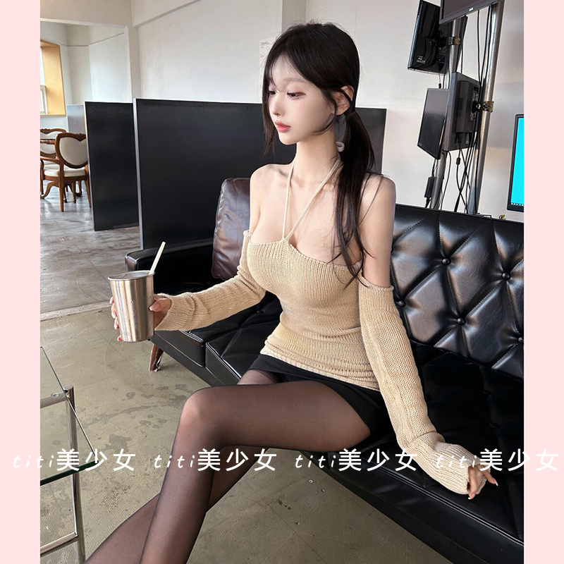 【TiTi美少女】性感镂空针织衫一字抹胸露肩袖套修身春季打底上衣,女装/女士精品,大码内搭,淘宝优惠券,粉丝福利购,淘宝优惠卷