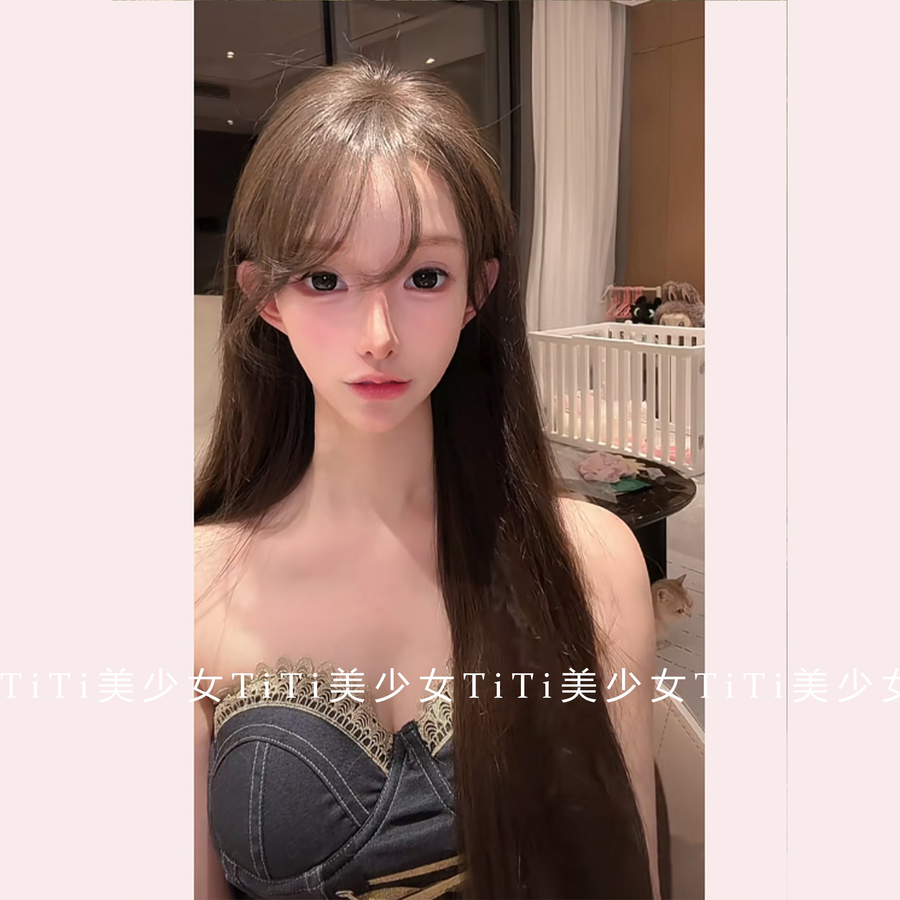 【TiTi美少女】纯欲新款辣妹带胸垫拼接金线花边系绳排扣抹胸上衣