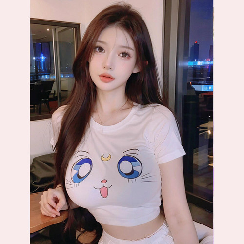 美少女战士印花紧身高腰短袖t恤