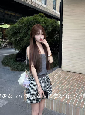 【TiTi美少女】纯欲灰色辣妹修身针织抹胸背心高腰格纹半身裙套装
