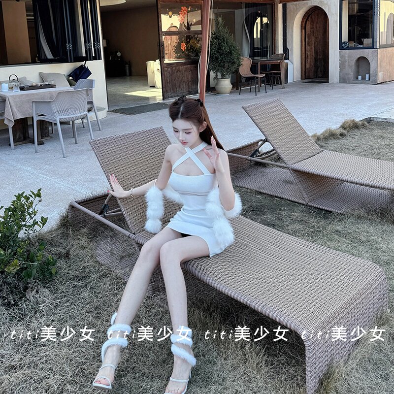 【TiTi美少女】纯欲风性感春季交叉可露肩设计包臀无袖针织连衣裙