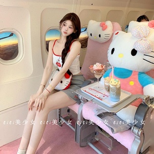 撞色Kitty猫吊带背心带胸垫打底上衣 TiTi美少女 纯欲甜美夏季