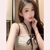 纯欲镂空蕾丝蝴蝶结挂脖吊带背心修身 TiTi美少女 显瘦辣妹上衣