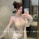 卡其色挂脖吊带背心春穿搭防晒开衫 TiTi美少女 上衣气质两件套