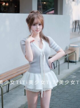纯欲风甜美v领飘带显瘦短袖上衣