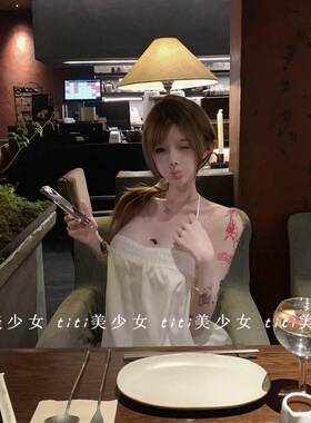 【TiTi美少女】小白花挂脖连衣裙纯欲白色蕾丝薄缎面宽松短裙