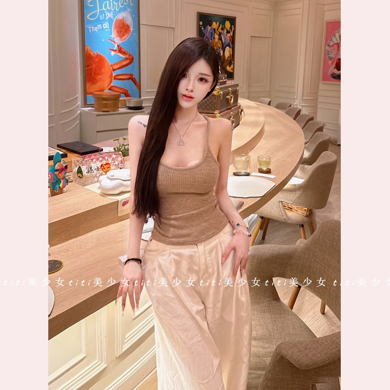 细肩带华夫格仿羊绒工字背心