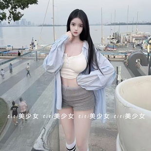上衣百搭休闲显瘦薄款 蓝色衬衫 法式 防晒衬衣外套 TiTi美少女