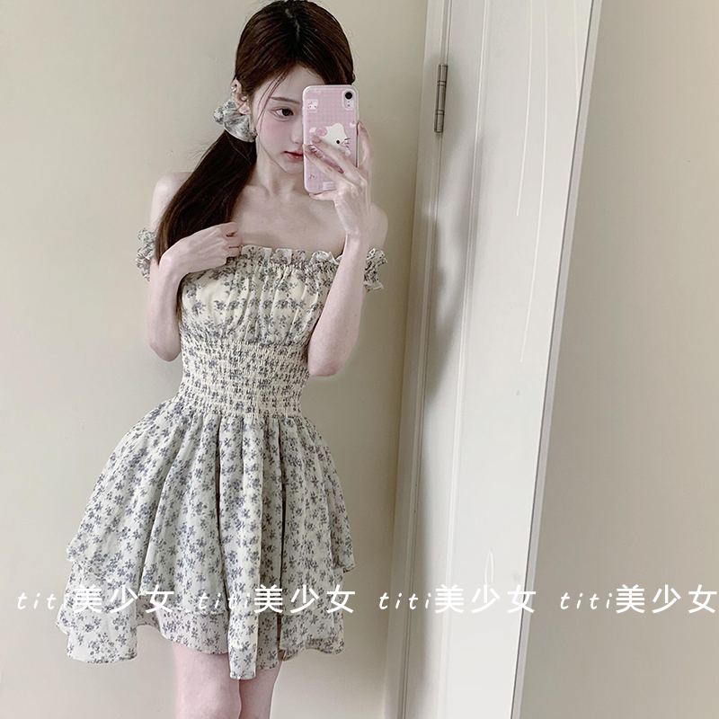 【TiTi美少女】碎花一字肩温柔收腰显瘦不对称设计感下摆连衣裙