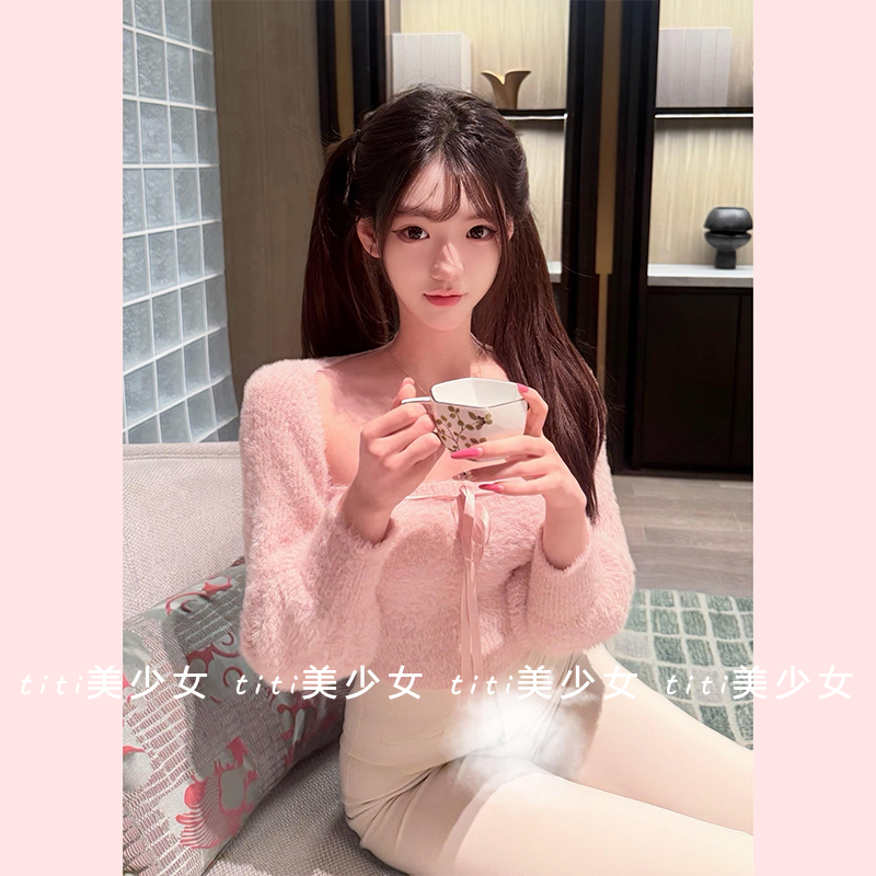 【TiTi美少女】粉色毛衣坎肩开衫纯欲针织抹胸背心上衣两件套