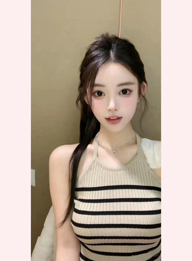 【TiTi美少女】纯欲性感挂脖条纹吊带背心女春辣妹内搭显瘦短上衣
