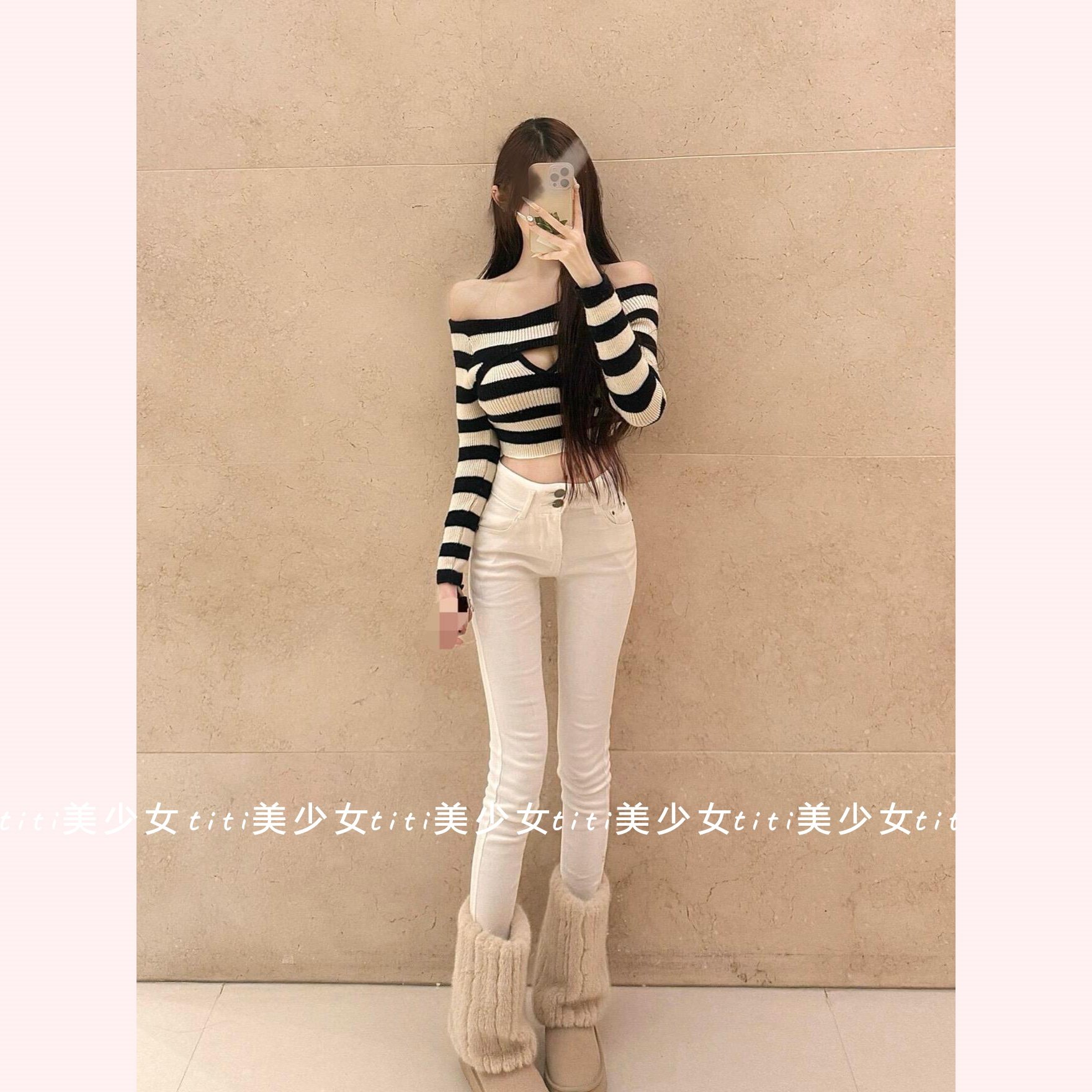 纯欲风条纹一字肩针织衫短款上衣