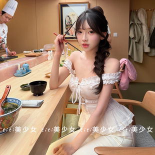 衬衫 纯欲风泡泡袖 蕾丝拼接短袖 修身 小上衣 显瘦法式 TiTi美少女