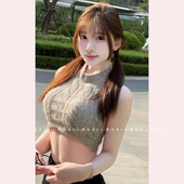 TiTi美少女 纯欲风灰色短款 露脐挂脖无袖 修身 显瘦百搭背心上衣