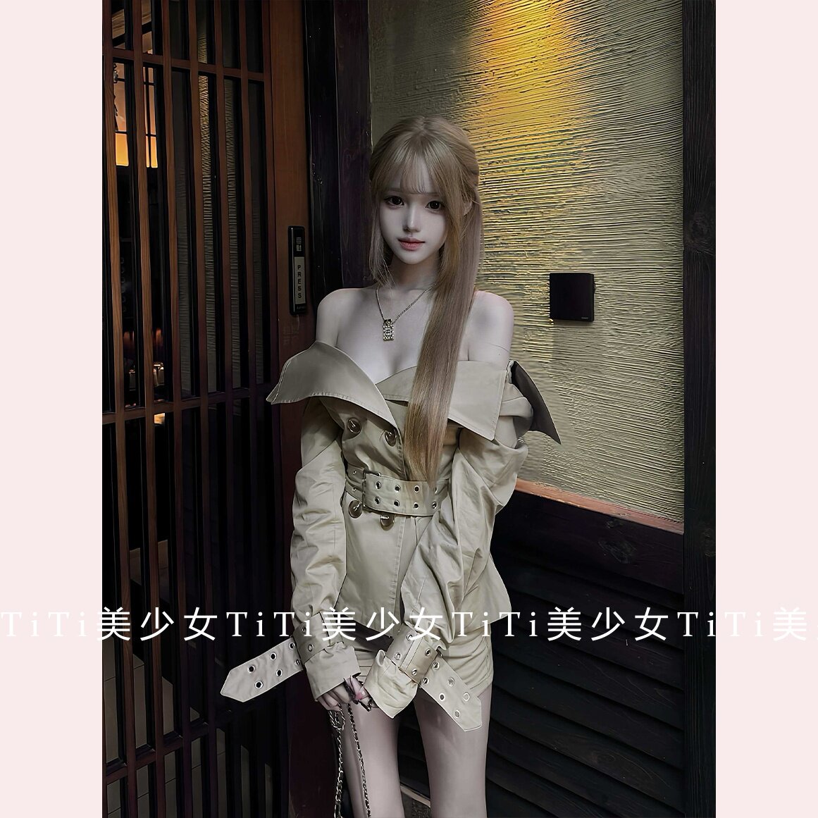 【TiTi美少女】经济上行大翻领收腰双排扣小个子短款风衣外套套装
