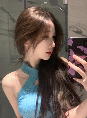 【TiTi美少女】交叉挂脖吊带背心女内搭设计感春性感露肩蓝色上衣