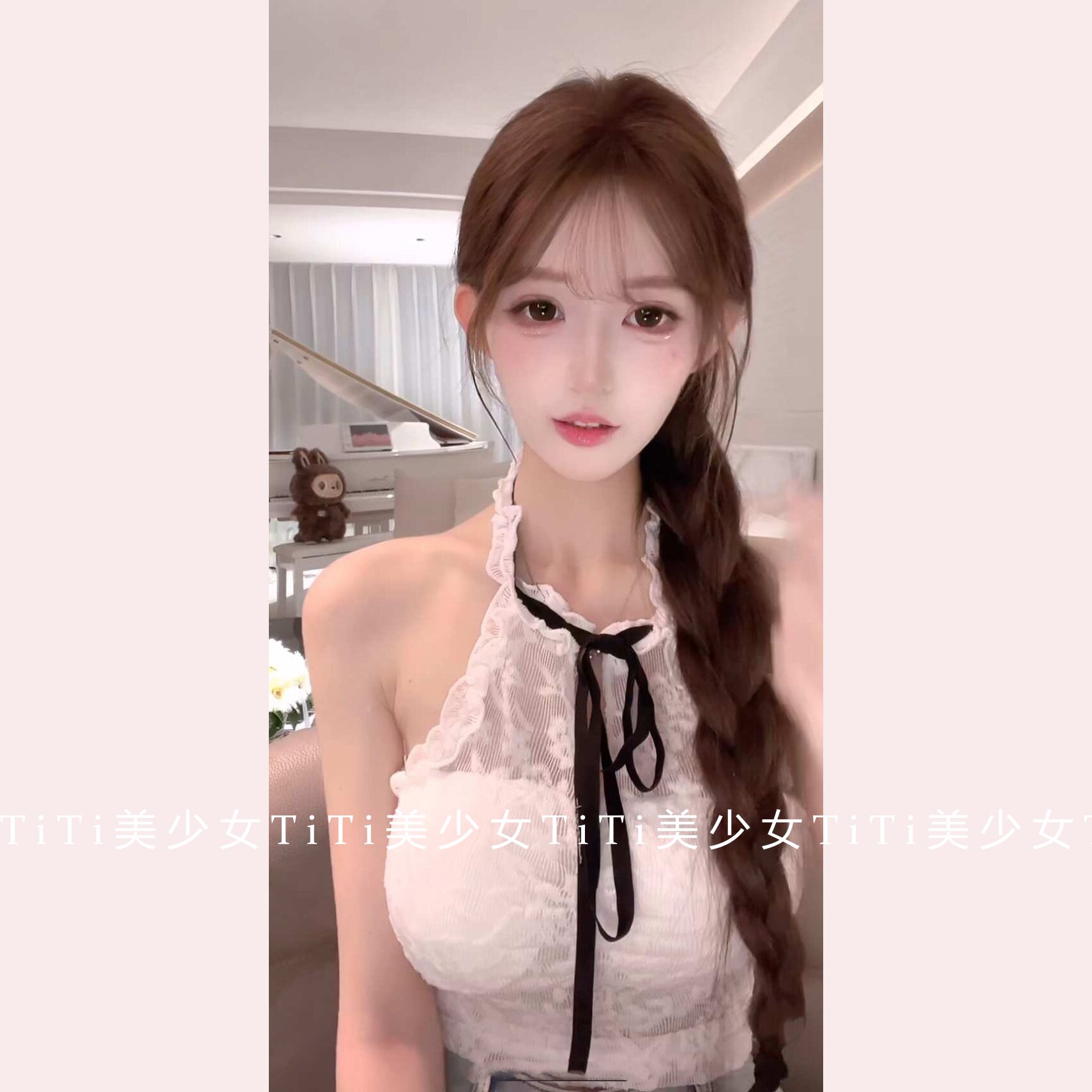 蕾丝提花挂脖绑带蝴蝶结吊带背心图片