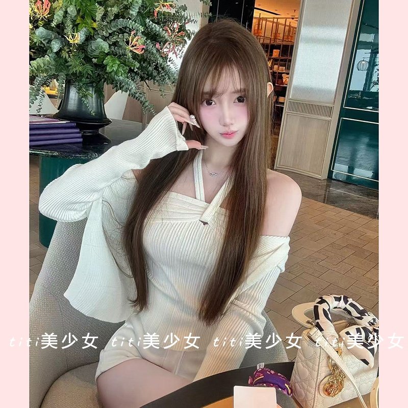 露锁骨背心+针织开衫两件套