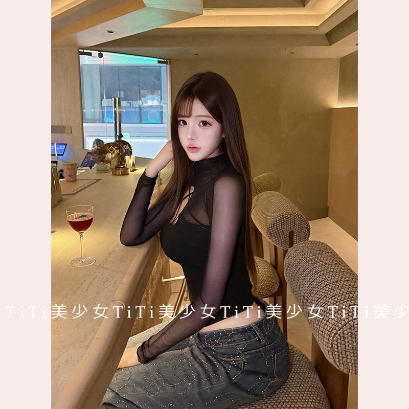【TiTi美少女】辣妹网纱镂空交叉长袖T恤女2026早秋新款修身上衣