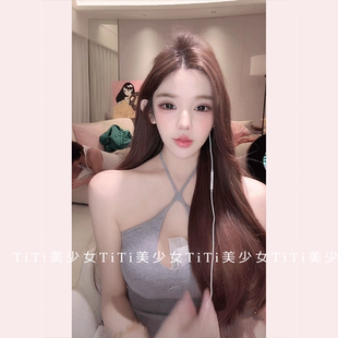 【TiTi美少女】网红直播镂空灰色挂脖显胸吊带背心设计感纯欲上衣