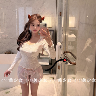 t恤女2026春新款 长袖 竹节纹理圆领蕾丝打底衫 上衣 TiTi美少女