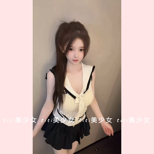 甜美小众设计显瘦透气海军领针织T恤马甲背心上衣 TiTi美少女