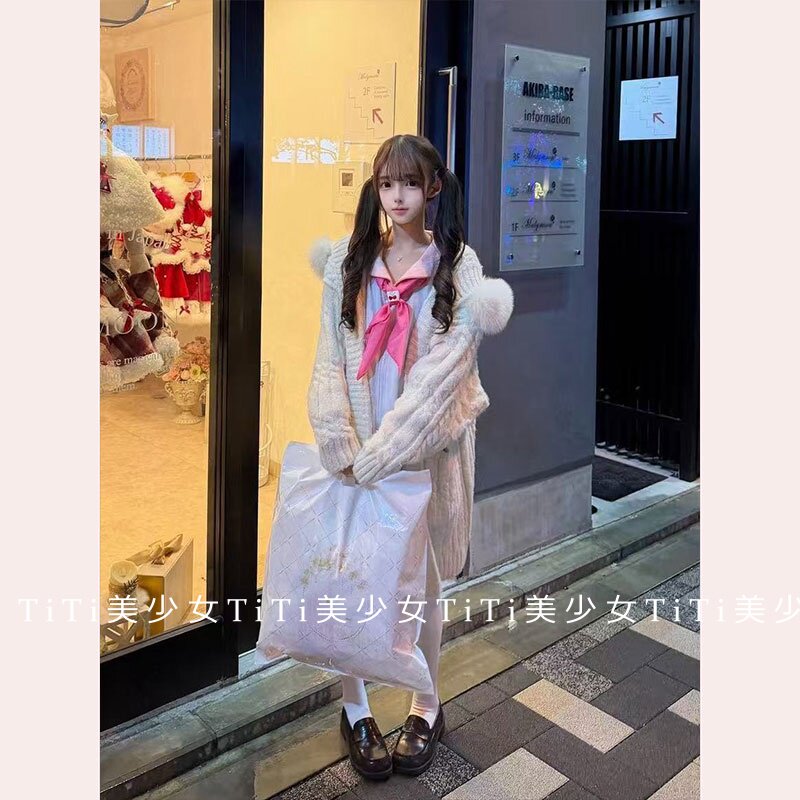 【TiTi美少女】大毛领针织开衫外套秋冬加厚宽松减龄百搭连帽毛衣