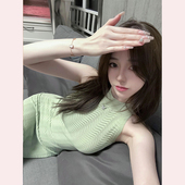 收腰包臀裙短裙子 绿色针织裙连衣裙女春季 TiTi美少女 挂脖无袖