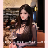 显瘦修身 春季 纯欲性感网纱镂空交叉设计感长袖 上衣 TiTi美少女