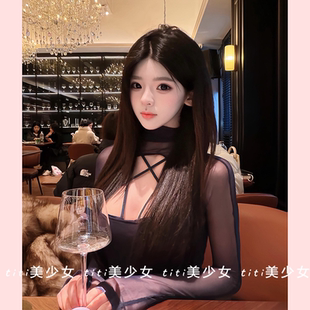 显瘦修身 春季 纯欲性感网纱镂空交叉设计感长袖 上衣 TiTi美少女
