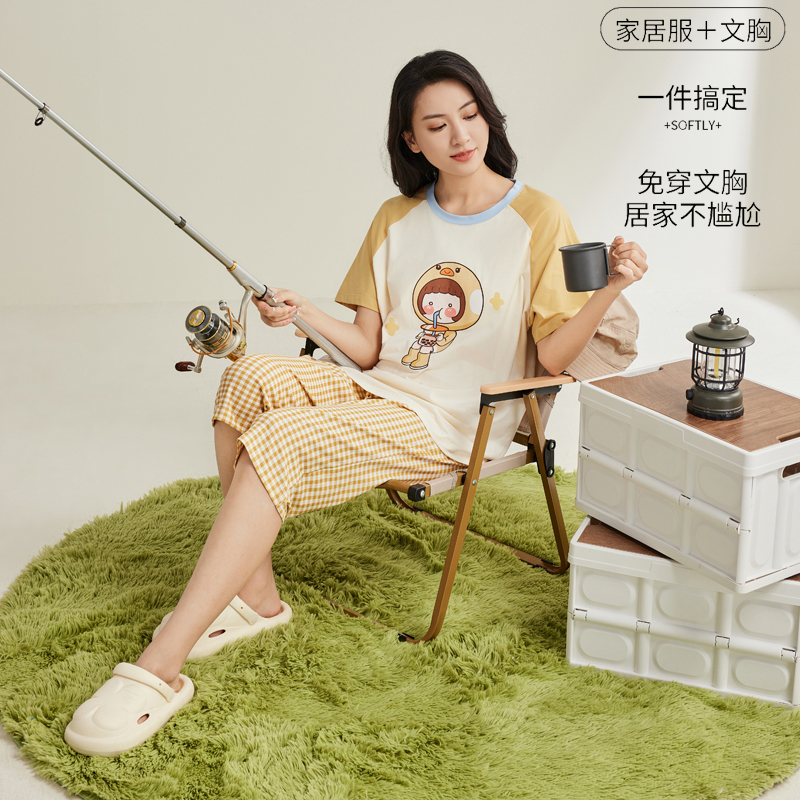 派邦奴带胸垫纯棉睡衣女夏天短袖