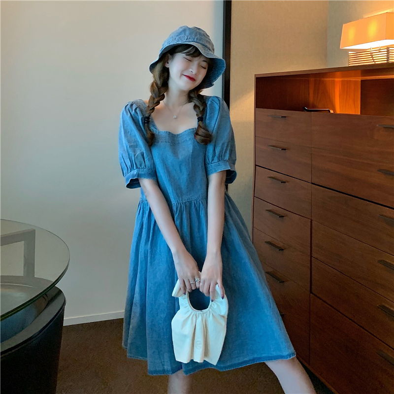 Real price ~ Vintage Hong Kong Style age reducing denim skirt loose short sleeve square neck dress + Hat