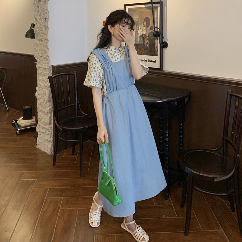 Real price ~ Vintage Floral Lapel shirt + casual denim strap dress suit