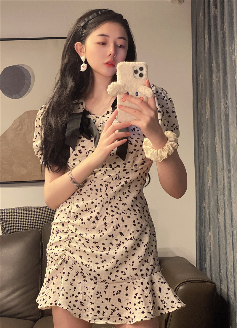 Real price ~ new chic color contrast bow fishtail skirt floral slim Short Sleeve Dress