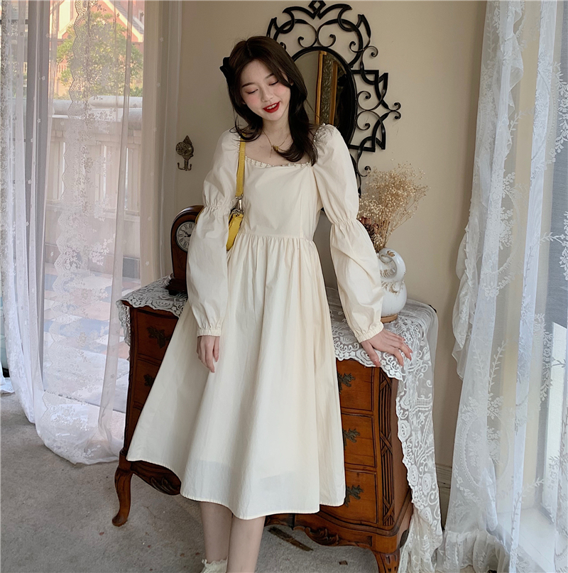 实拍实价~仙气ins心机珍珠一字肩长裙收腰莲藕袖连衣裙 9836#