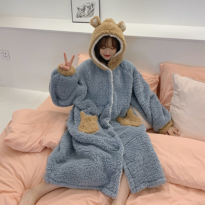 Real shot real price ~ autumn new chic cute plush loose casual cardigan hooded Nightgown
