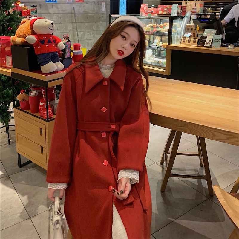 Real price ~ long casual lace up woolen coat + fairy style two piece dress