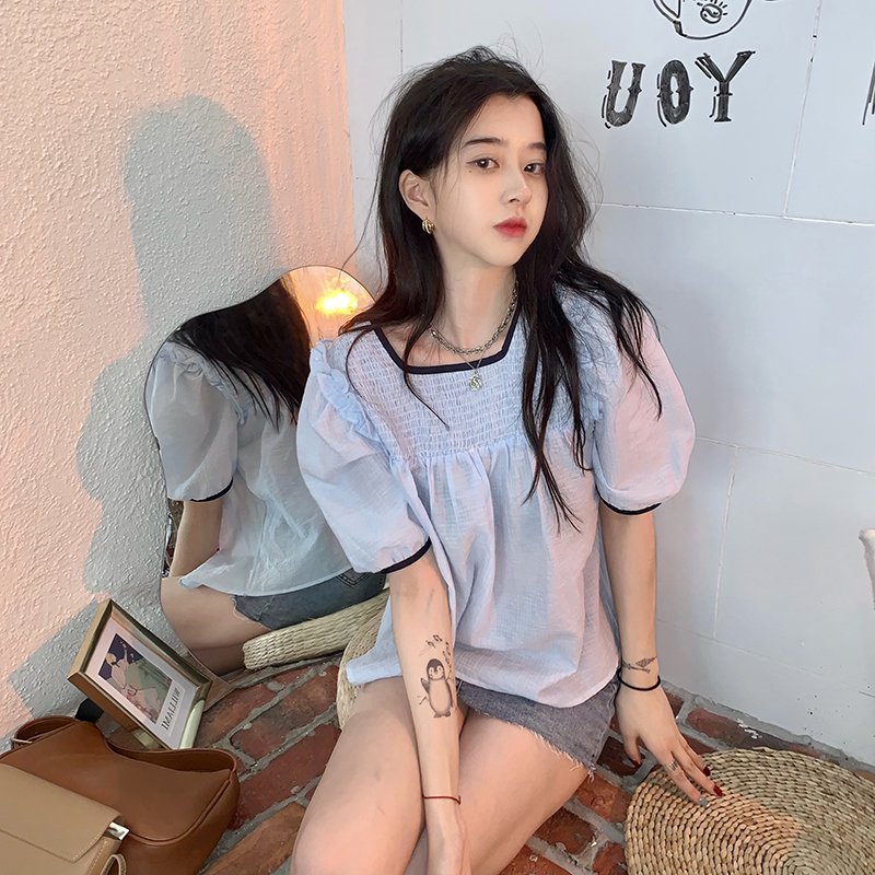 Real price ~ summer chic personalized ear edge pleated shirt with bubble sleeve and loose foreign style top