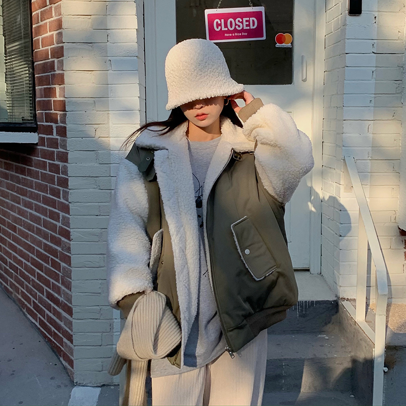 Real shot real price ~ foreign style ins high collar cotton clothing lamb wool splicing retro winter coat