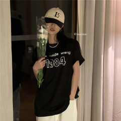 實拍實價~INS潮流慵懶數字t恤寬鬆落肩顯瘦字母打底半袖