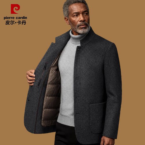 皮尔卡丹羽绒服冬季羊毛呢子夹克