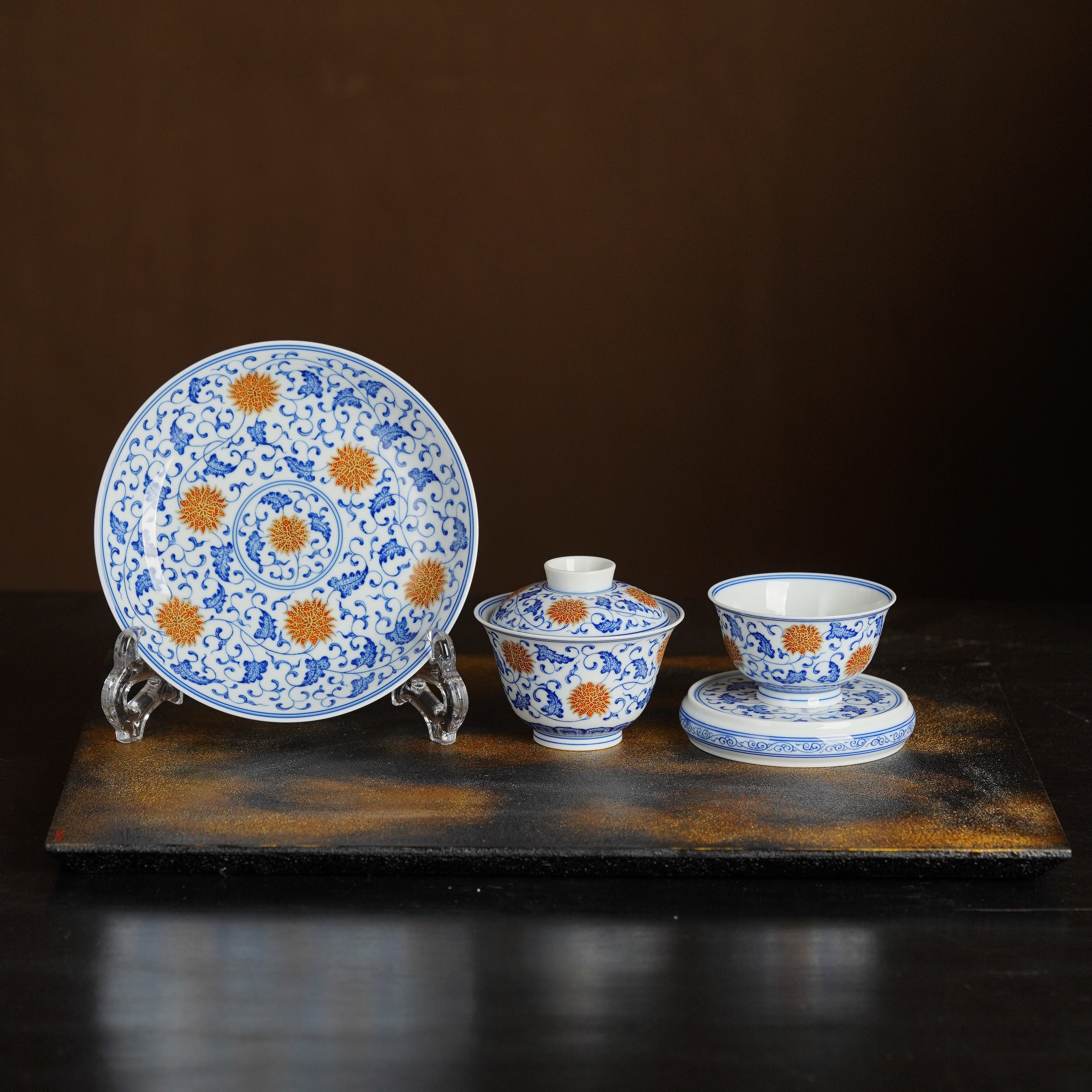 观山见物 青花矾红描金缠枝莲盖碗 功夫茶具画片细腻 纯手工手绘