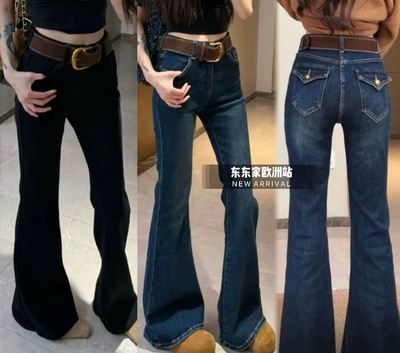 原创设计欧货十三行冬季植绒弹力微喇提臀设计翘臀超宽腰带牛仔裤