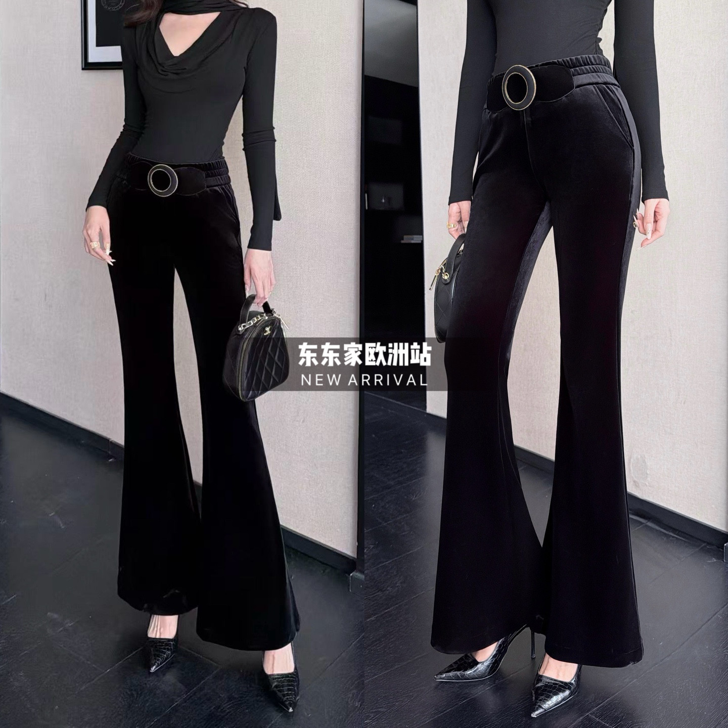 欧洲站2025年冬季加绒奢华镶钻腰封真丝金丝绒喇叭裤气场款时髦精