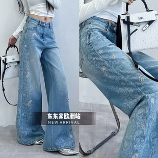 欧洲站2026年春季仙仙重工钉珠水钻腰果花印花直筒牛仔裤时髦精女
