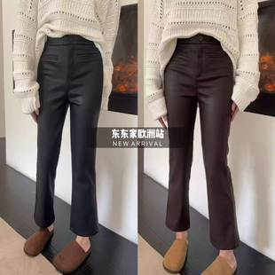 欧洲站2025冬加绒前兜兜设计时髦微喇九分皮裤靴裤配皮草显瘦洋气